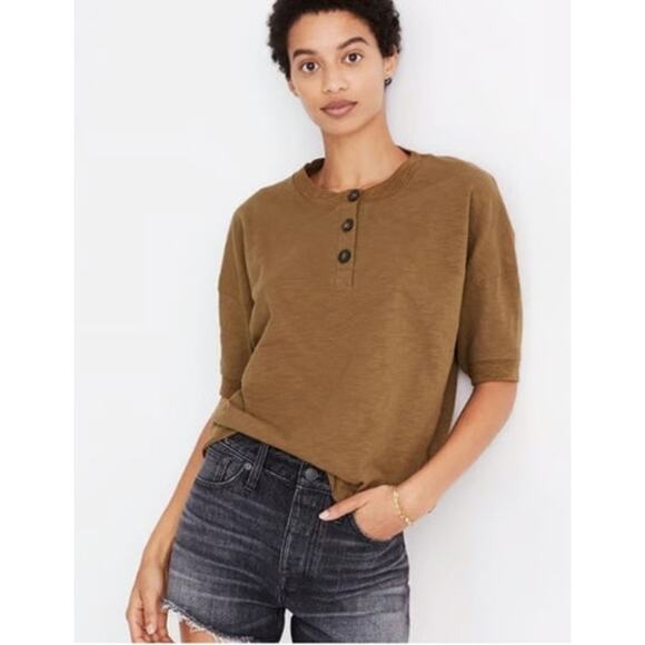Madewell Tops - Womens Madewell Brown Raw Edge Henley Tee Size Medium